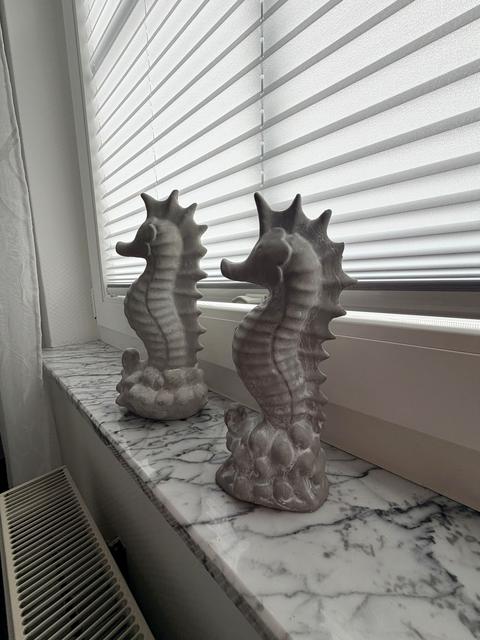 Two ceramic seahorses on the windowsill
