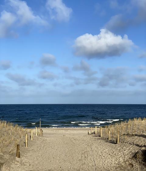 Sandy path through the dunes to Zempin beach with a view of the Baltic Sea