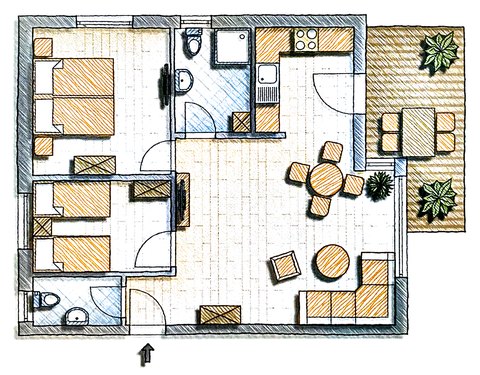 Floor plan of holiday apartment Nele: two bedrooms, main bathroom with shower, separate guest toilet, open-plan living and dining area with kitchen units and terrace