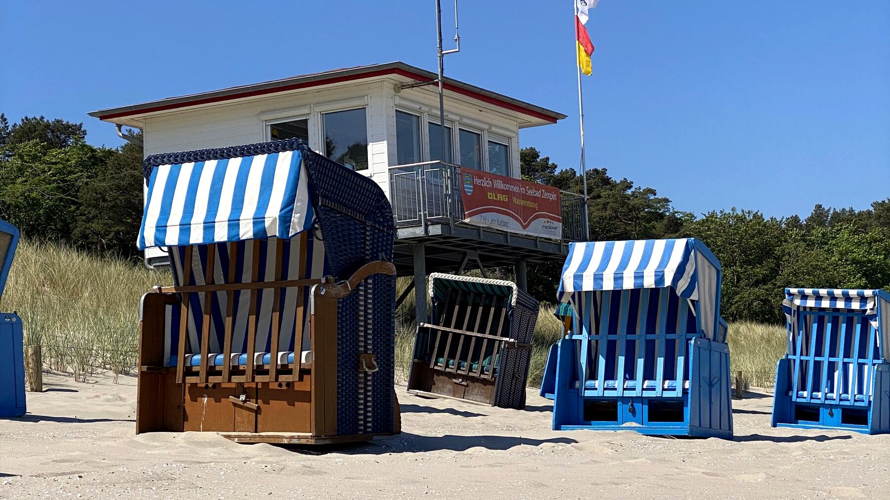 Beach chairs and lifeguard tower on the Baltic beach at Zempin
